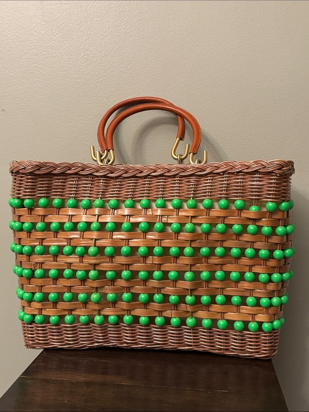 Rare 60's Straw and Beaded Tote Bag Coated Straw /Wicker/Leather & Metal Handle